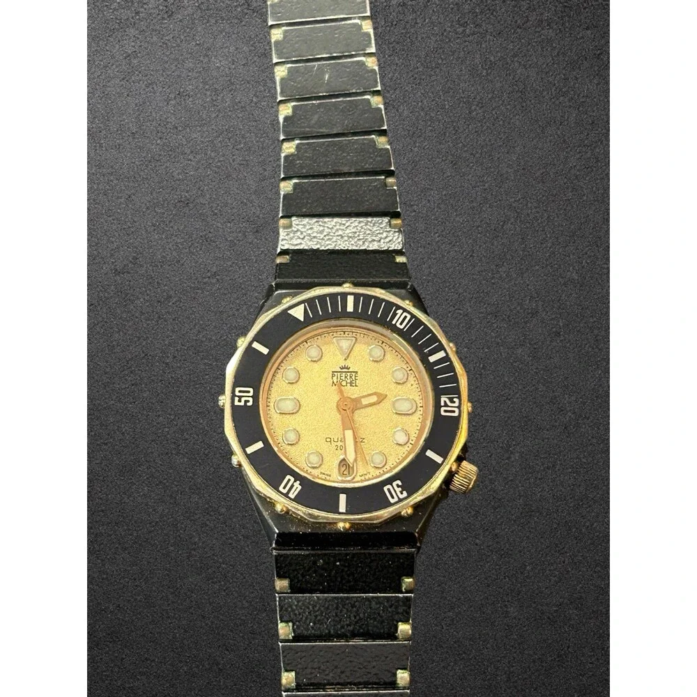 Vintage Pierre Michel Quartz Diver Watch Two Tone Black Gold FOR PARTS REPAIR